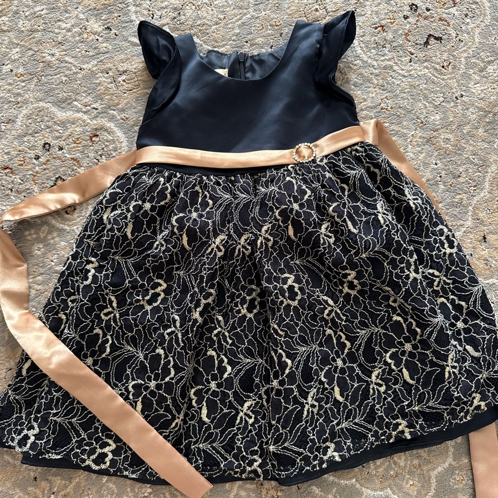 Black Lace Party Dress with Gold Sash